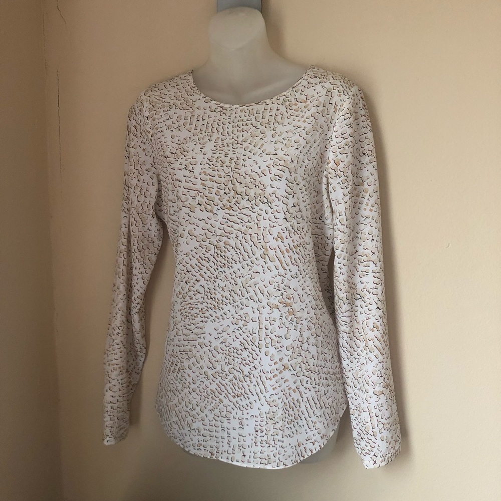 WHBM Cream And Tan 100% Silk Long Sleeve Blouse